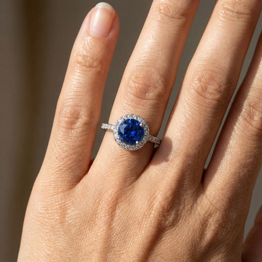 1.80 Ct Round Sri Lanka Sapphire Ring Halo Natural Earth Mined Diamond White Gold