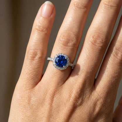1.80 Ct Round Sri Lanka Sapphire Ring Halo Natural Earth Mined Diamond White Gold