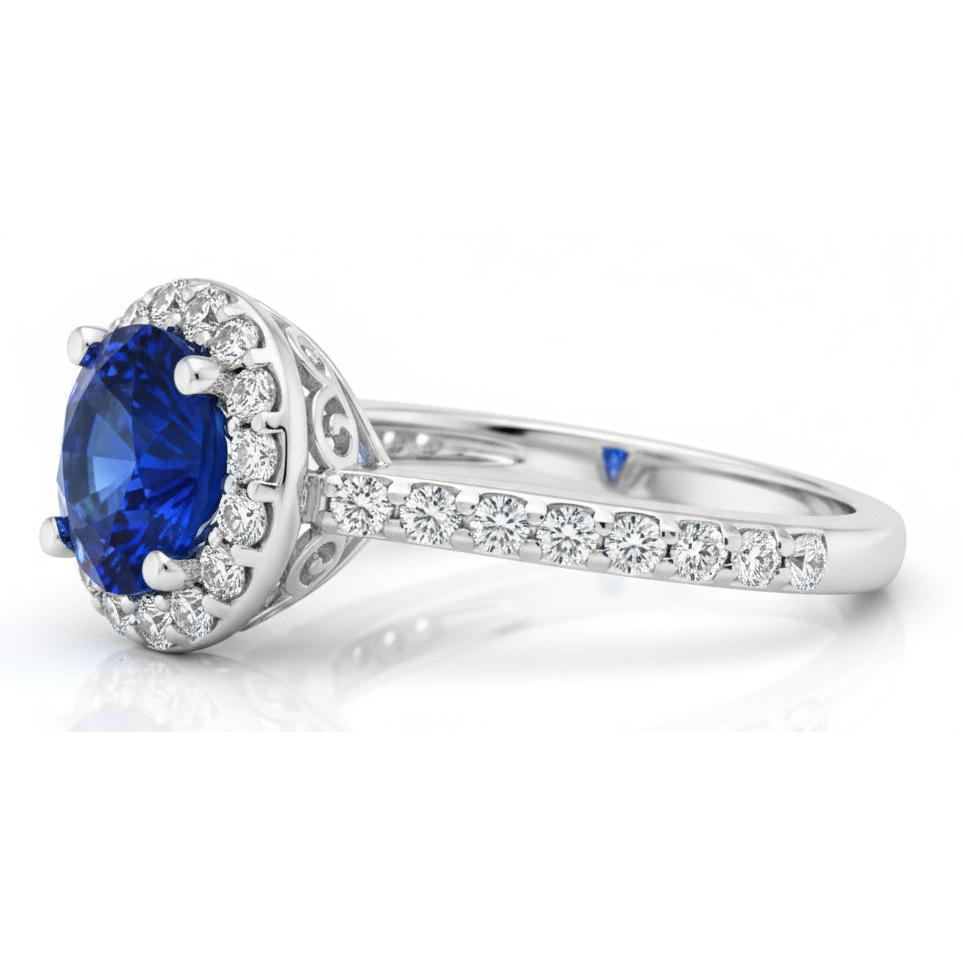 1.80 Ct Round Sri Lanka Sapphire Ring Halo Natural Earth Mined Diamond White Gold