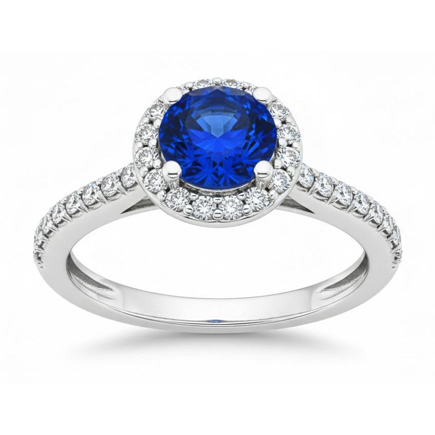 1.80 Ct Round Sri Lanka Sapphire Ring Halo Natural Earth Mined Diamond White Gold