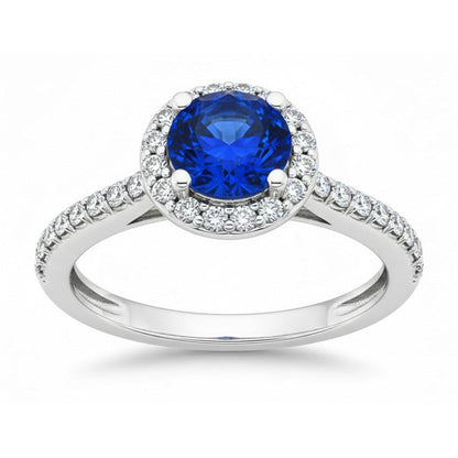 1.80 Ct Round Sri Lanka Sapphire Ring Halo Natural Earth Mined Diamond White Gold