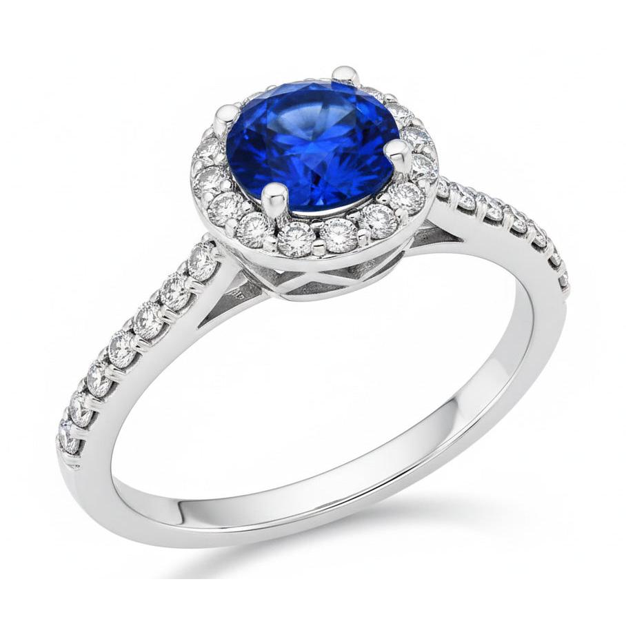 1.80 Ct Round Sri Lanka Sapphire Ring Halo Natural Earth Mined Diamond White Gold