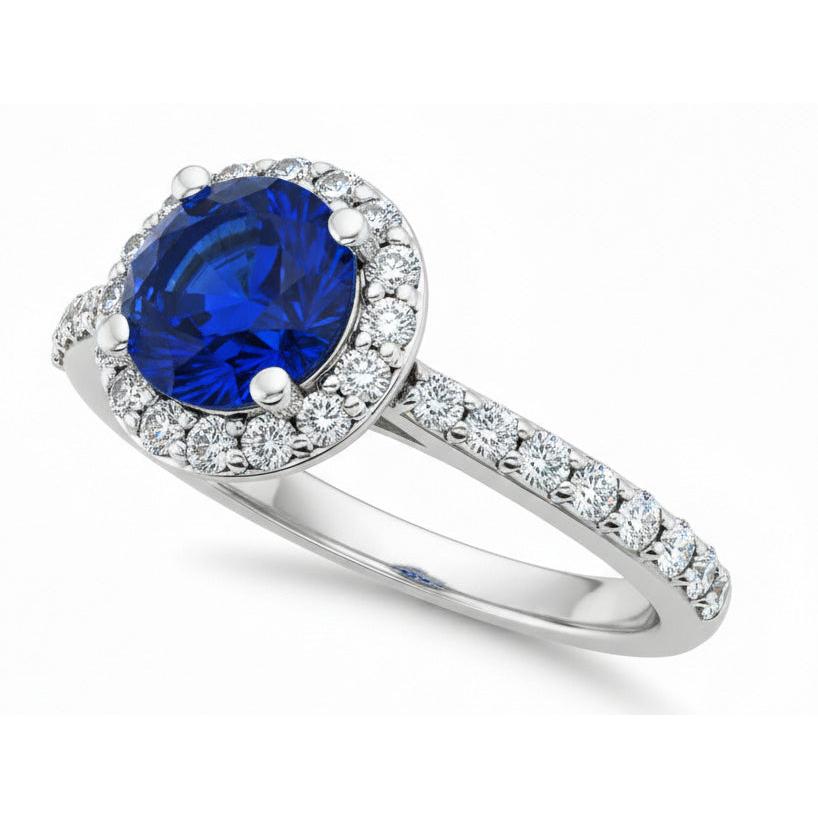 1.80 Ct Round Sri Lanka Sapphire Ring Halo Natural Earth Mined Diamond White Gold