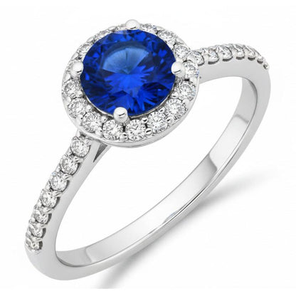 1.80 Ct Round Sri Lanka Sapphire Ring Halo Natural Earth Mined Diamond White Gold
