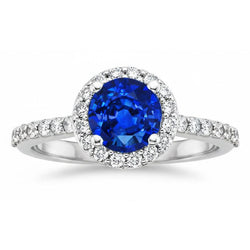 1.80 Ct Round Sri Lanka Sapphire Ring Halo Natural Earth Mined Diamond White Gold