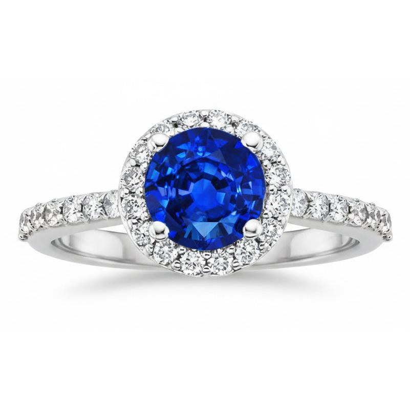 1.80 Ct Round Sri Lanka Sapphire Ring Halo Natural Earth Mined Diamond White Gold