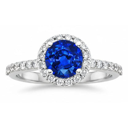 1.80 Ct Round Sri Lanka Sapphire Ring Halo Natural Earth Mined Diamond White Gold