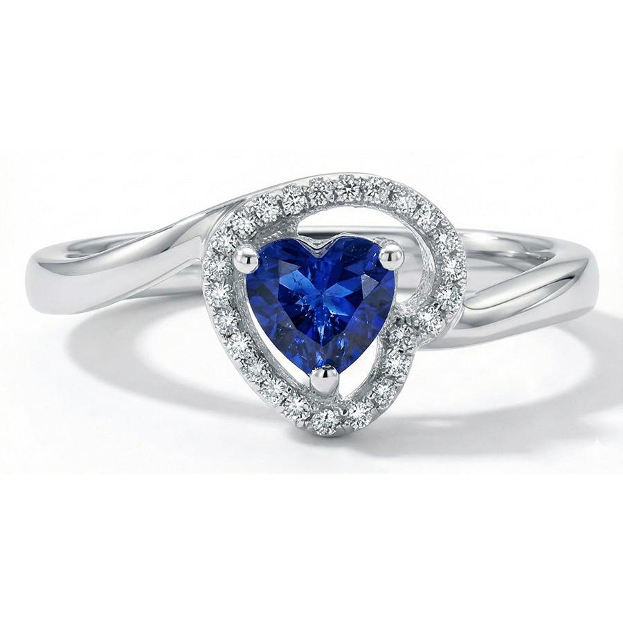 1.85 Ct Heart & Round Sri Lanka Sapphire & Natural Earth Mined Diamonds Ring White Gold