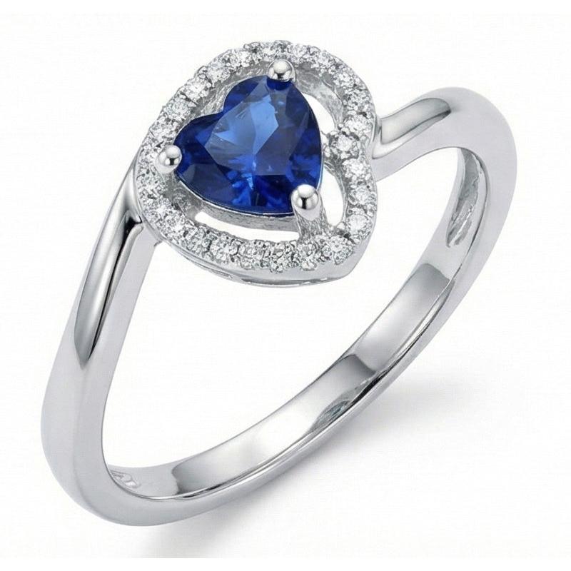 1.85 Ct Heart & Round Sri Lanka Sapphire & Natural Earth Mined Diamonds Ring White Gold