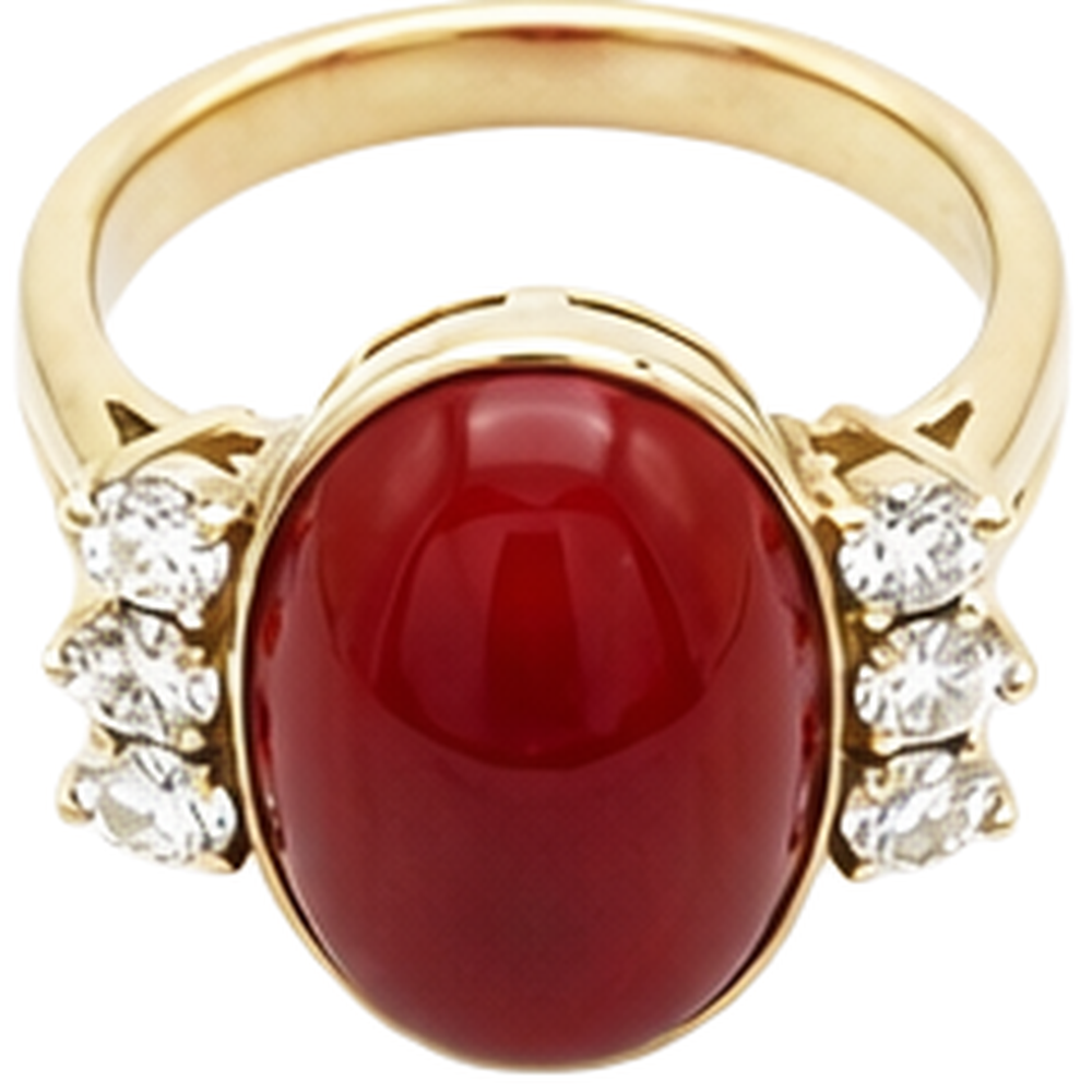 10.25 Carats Big Red Coral With Natural Earth Mined Diamonds Ring New Yellow Gold 14K