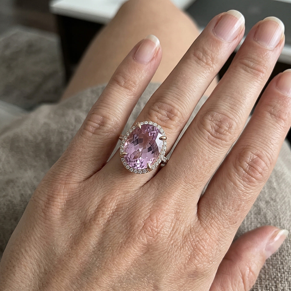10.50 Carats Pink Kunzite Ring Solid Rose Gold Jewelry