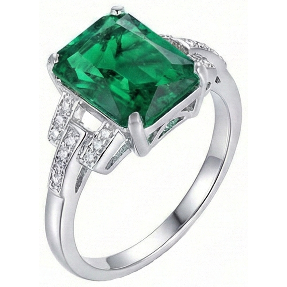 10.70 Carats Prong Set Green Emerald GIA And Natural Earth Mined Diamonds Ring WG 14K