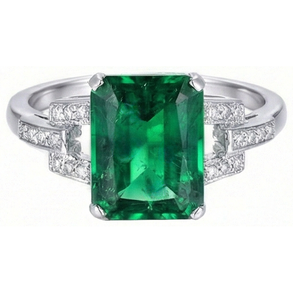 10.70 Carats Prong Set Green Emerald GIA And Natural Earth Mined Diamonds Ring WG 14K