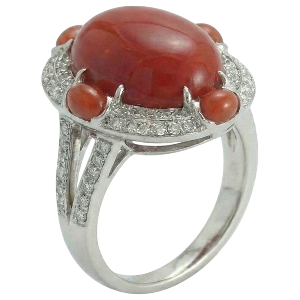 10 Ct Coral And Natural Earth Mined Diamonds Engagement Ring White Gold 14K