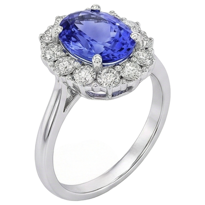 10 Ct Oval Tanzanite And Natural Earth Mined Diamonds Ring Gold White 14K Prong Set