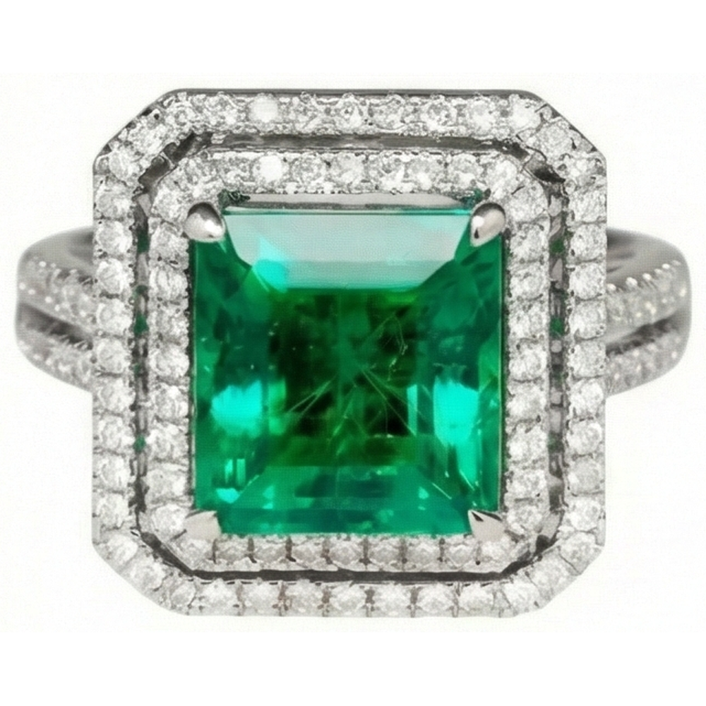 10 Ct Princess Cut Green Emerald GIA With Natural Earth Mined Diamond Ring