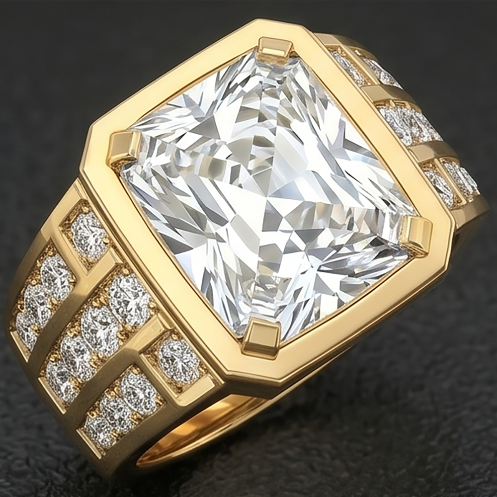 10 Ct. Radiant Cut Lab Grown Diamond Men's Ring White Gold 10K
