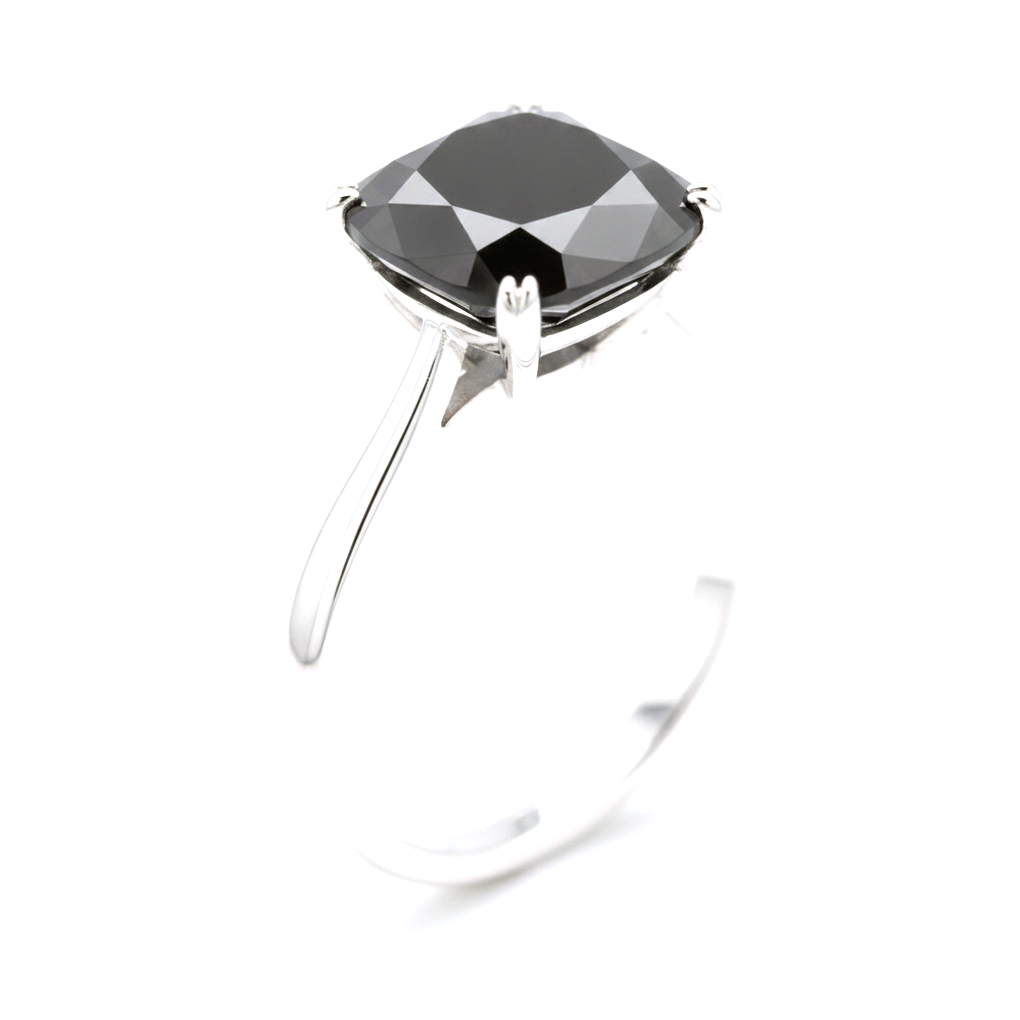 10 Carat Cushion Black Diamond Solitaire Ring Natural 14K White Gold