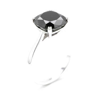 10 Carat Cushion Black Diamond Solitaire Ring Natural 14K White Gold