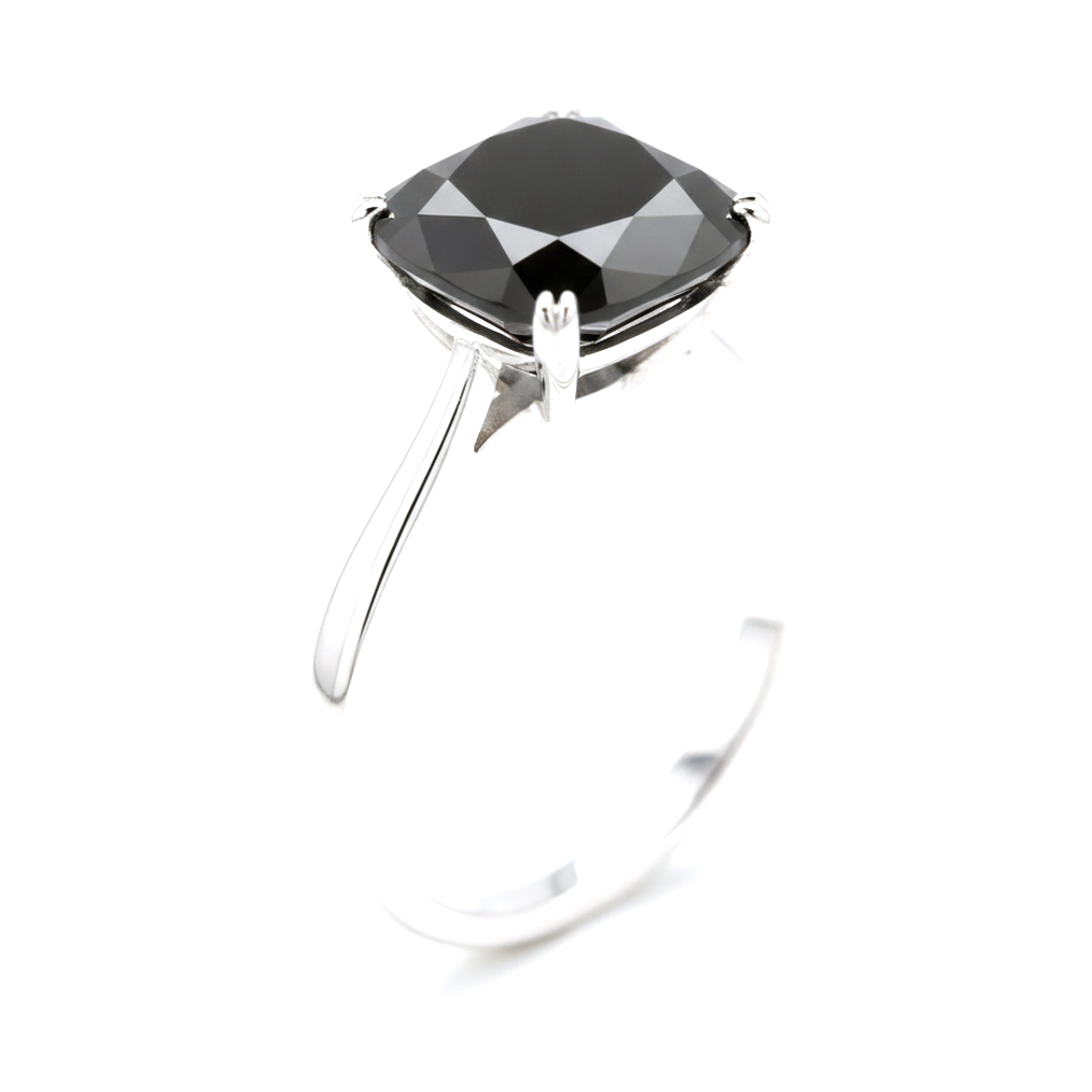 10 Carat Cushion Black Diamond Solitaire Ring Natural 14K White Gold