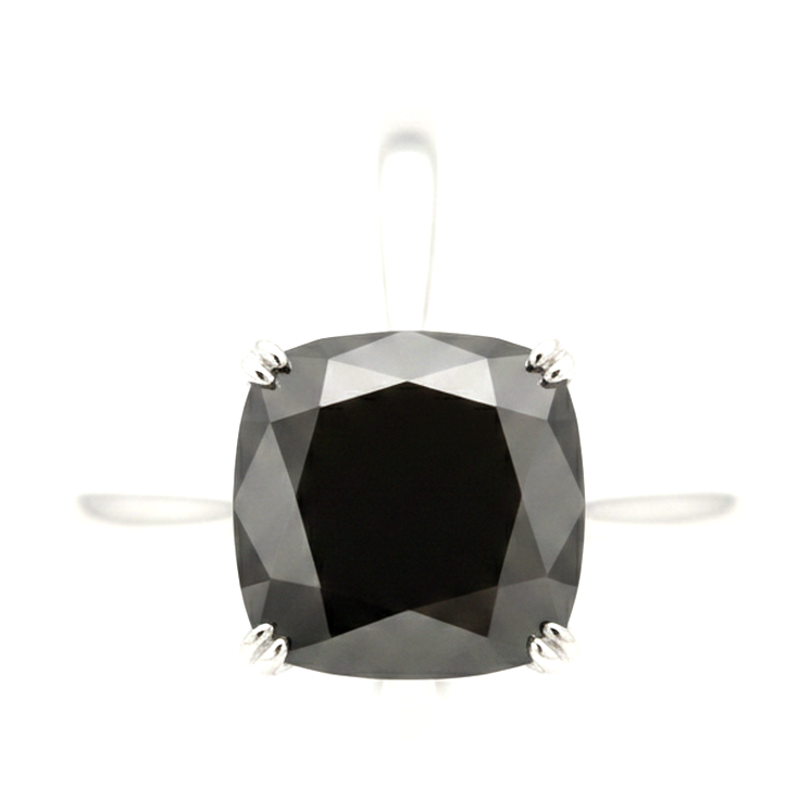 10 Carat Cushion Black Diamond Solitaire Ring Natural 14K White Gold