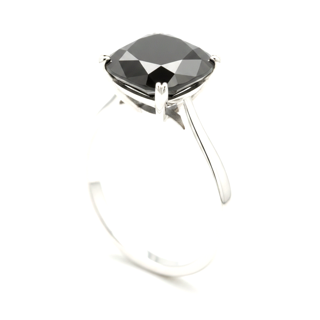 10 Carat Cushion Black Diamond Solitaire Ring Natural 14K White Gold
