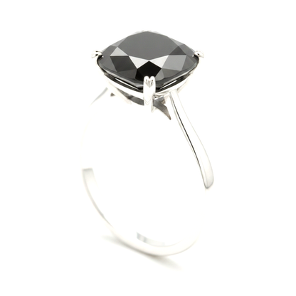 10 Carat Cushion Black Diamond Solitaire Ring Natural 14K White Gold