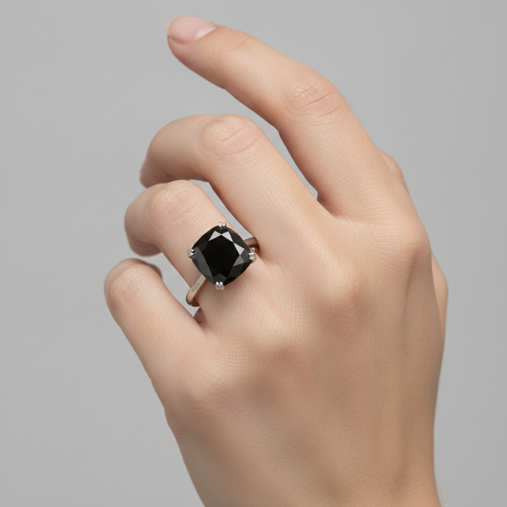 10 Carat Cushion Black Diamond Solitaire Ring Natural 14K White Gold