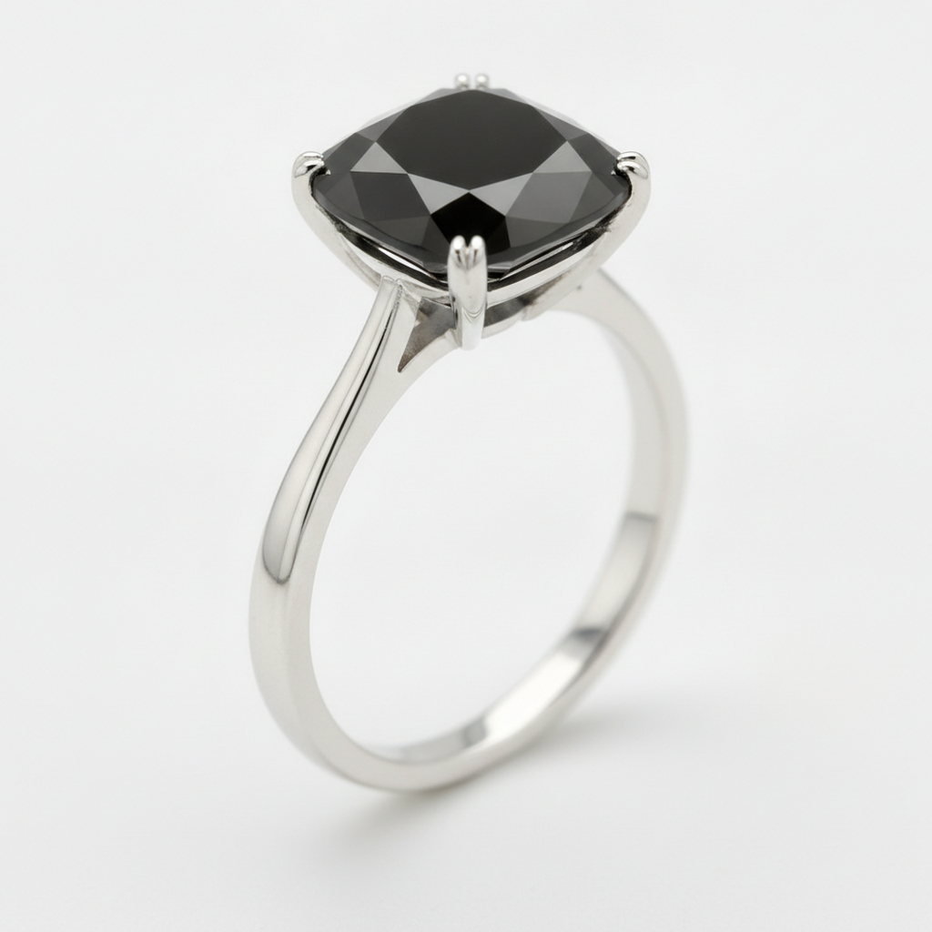 10 Carat Cushion Black Diamond Solitaire Ring Natural 14K White Gold