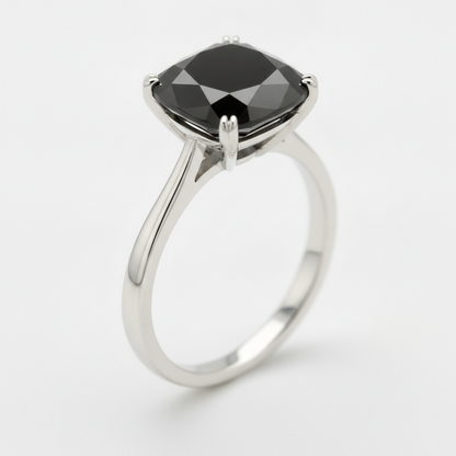 10 Carat Cushion Black Diamond Solitaire Ring Natural 14K White Gold