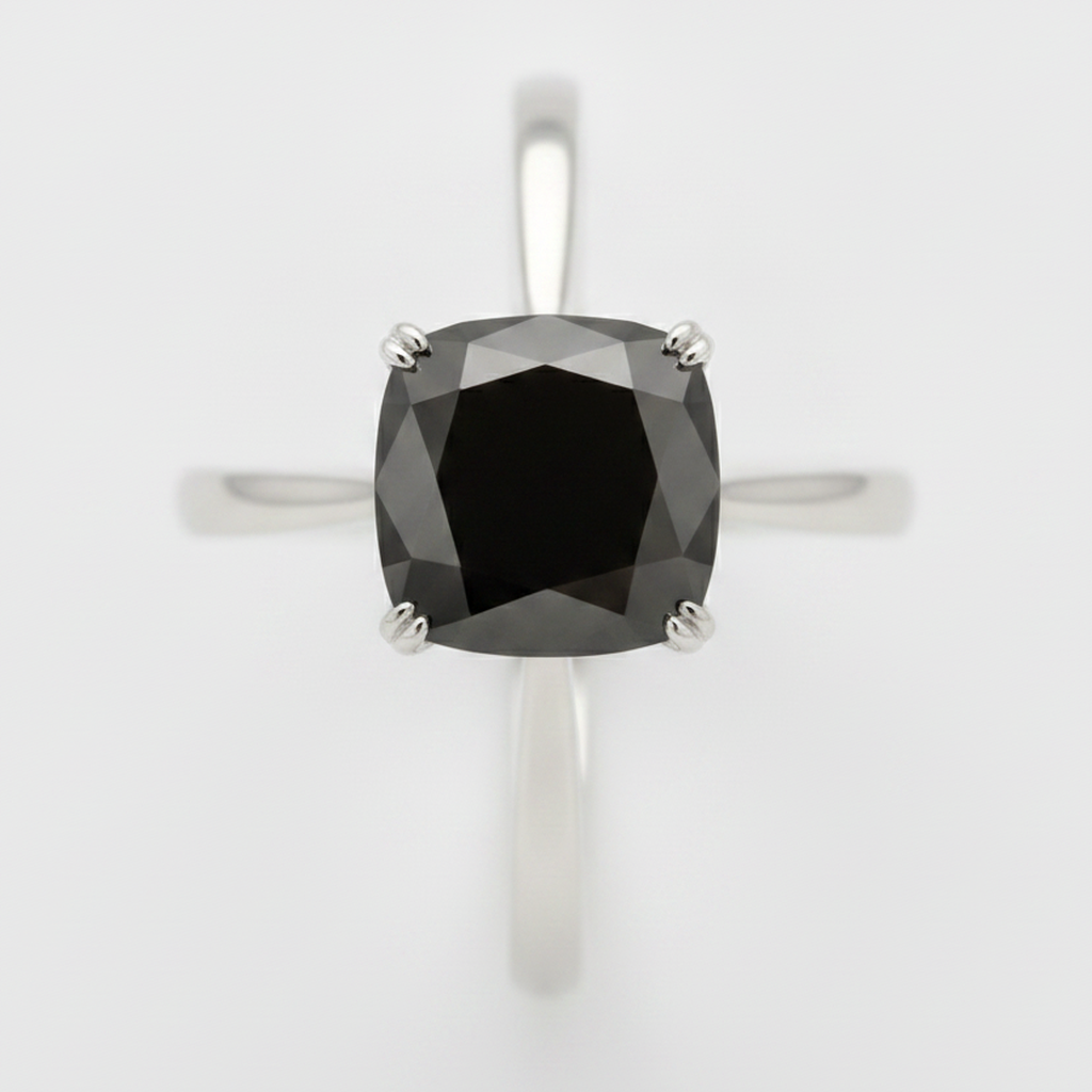 10 Carat Cushion Black Diamond Solitaire Ring Natural 14K White Gold