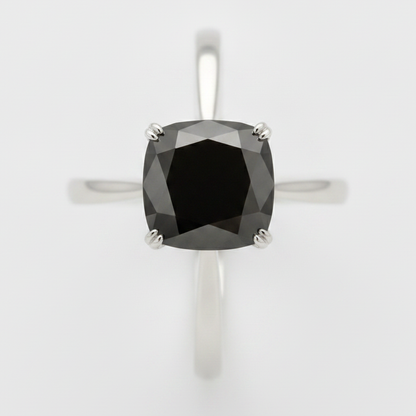 10 Carat Cushion Black Diamond Solitaire Ring Natural 14K White Gold