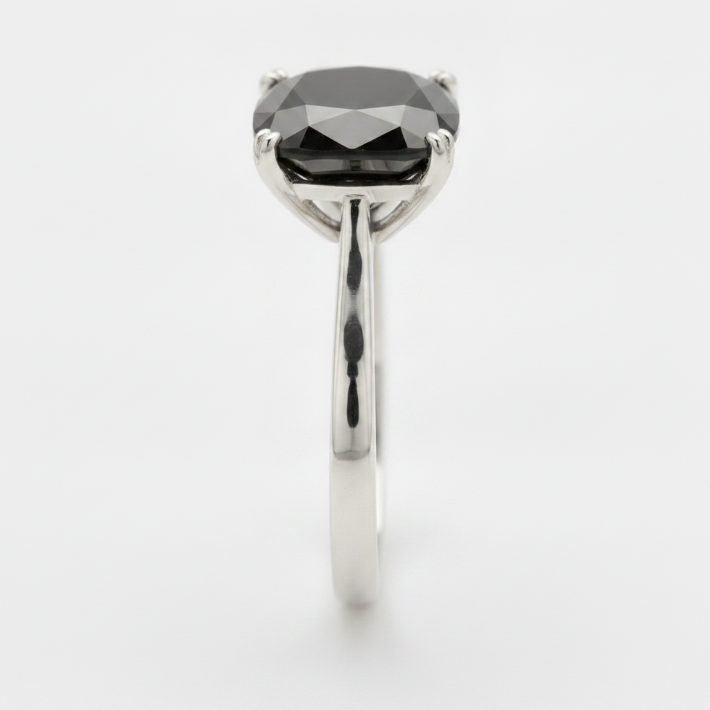 10 Carat Cushion Black Diamond Solitaire Ring Natural 14K White Gold