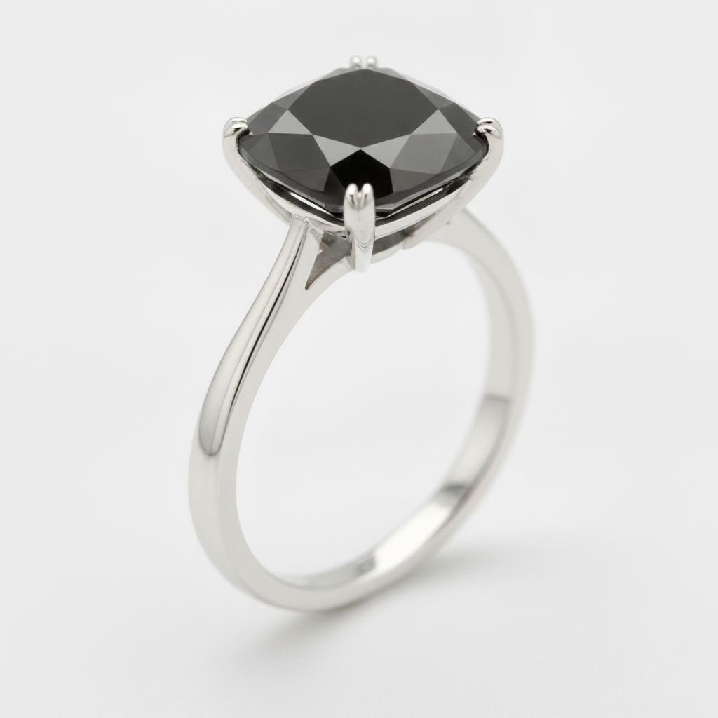 10 Carat Cushion Black Diamond Solitaire Ring Natural 14K White Gold