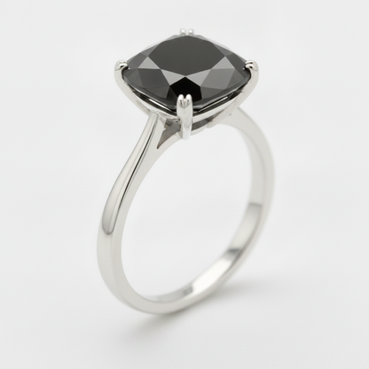 10 Carat Cushion Black Diamond Solitaire Ring Natural 14K White Gold