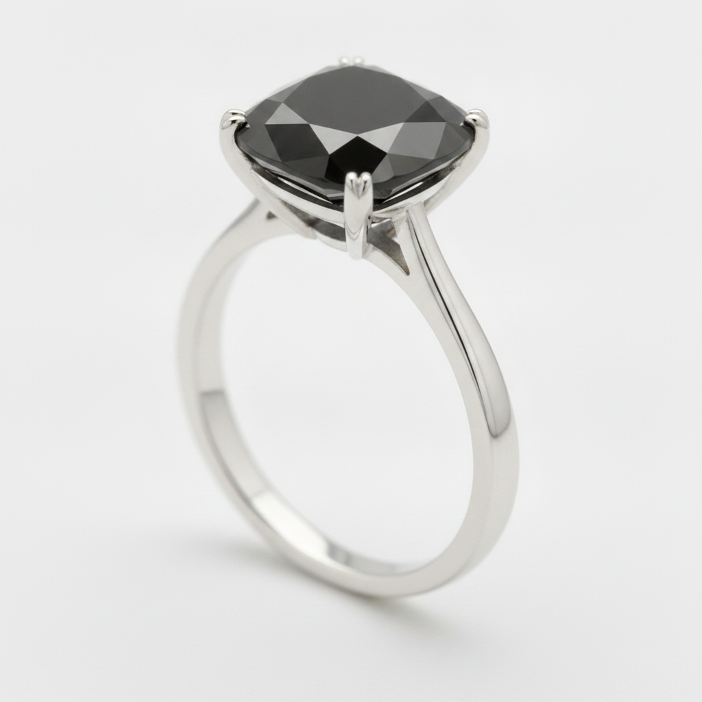 10 Carat Cushion Black Diamond Solitaire Ring Natural 14K White Gold