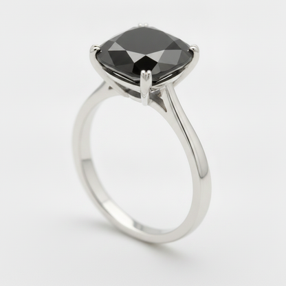 10 Carat Cushion Black Diamond Solitaire Ring Natural 14K White Gold