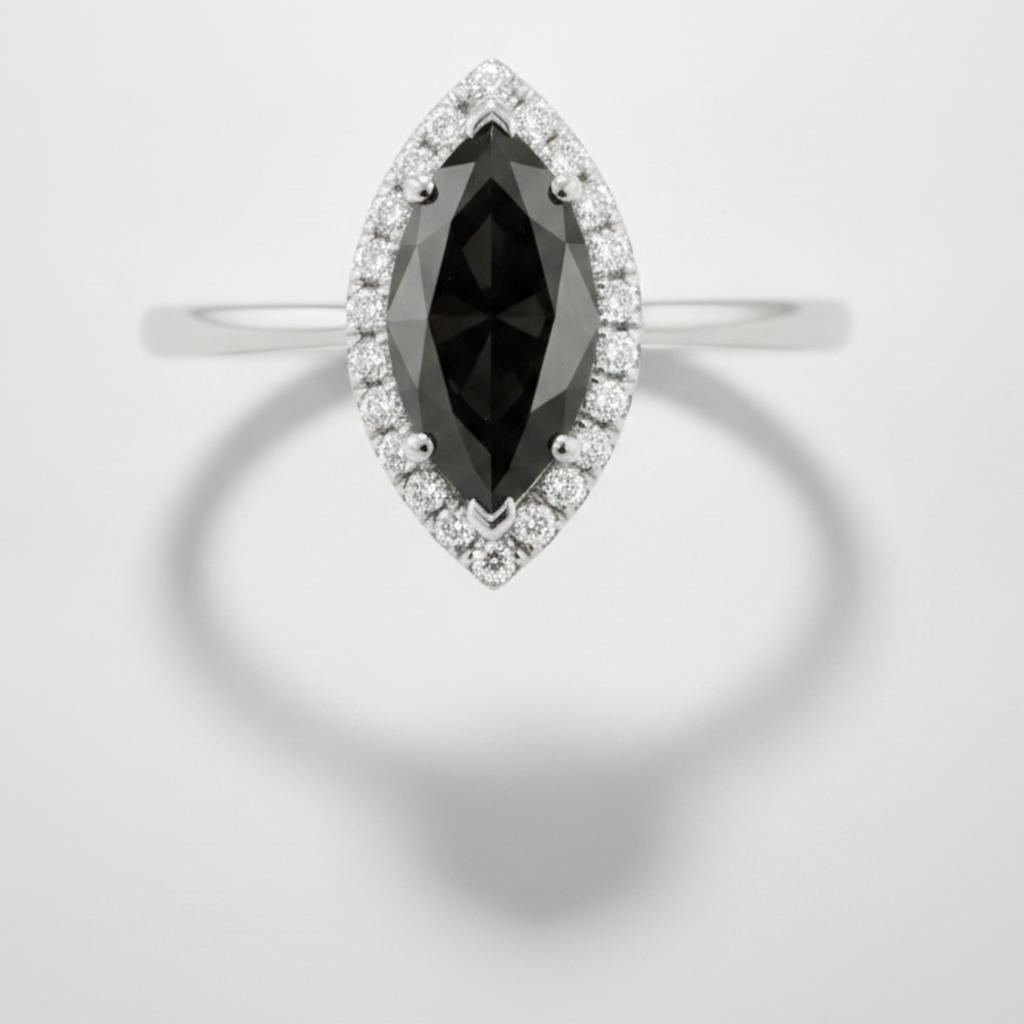 10 Carat Marquise Black Diamond and White Diamond Halo Ring Natural 14K White Gold