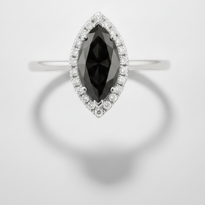 10 Carat Marquise Black Diamond and White Diamond Halo Ring Natural 14K White Gold