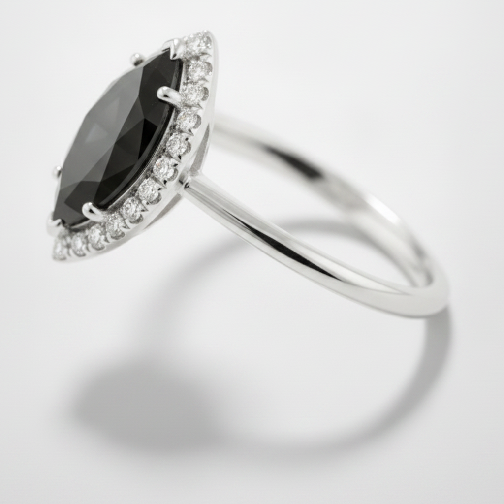 10 Carat Marquise Black Diamond and White Diamond Halo Ring Natural 14K White Gold