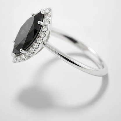 10 Carat Marquise Black Diamond and White Diamond Halo Ring Natural 14K White Gold