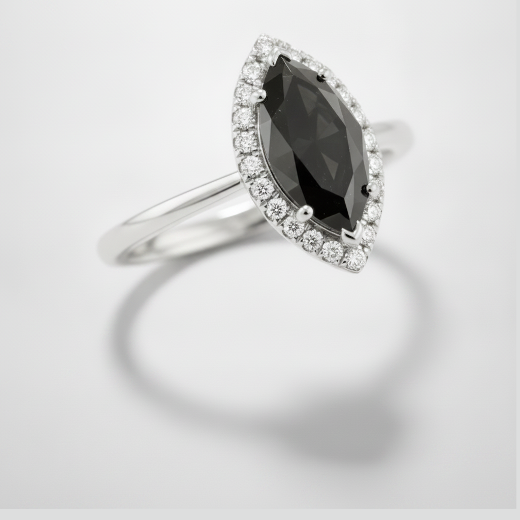 10 Carat Marquise Black Diamond and White Diamond Halo Ring Natural 14K White Gold