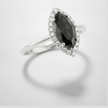 10 Carat Marquise Black Diamond and White Diamond Halo Ring Natural 14K White Gold
