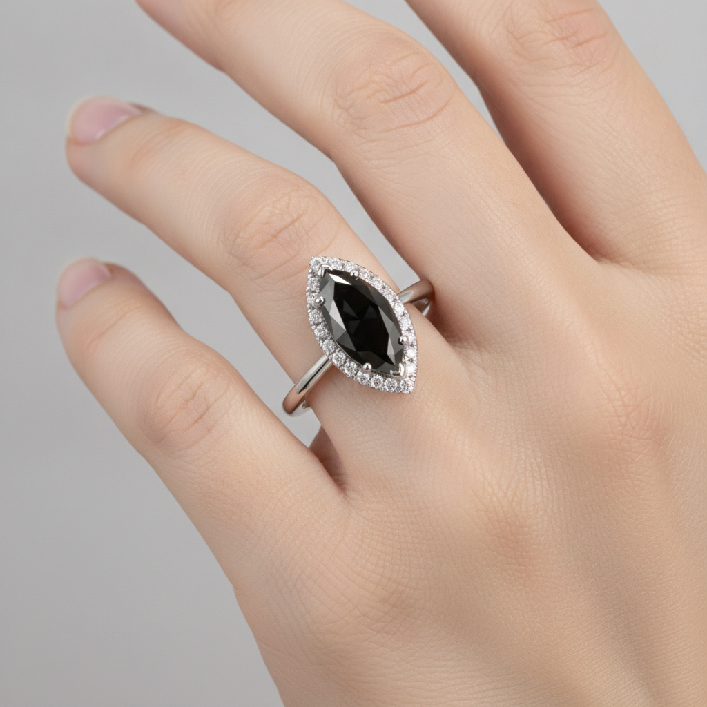 10 Carat Marquise Black Diamond and White Diamond Halo Ring Natural 14K White Gold