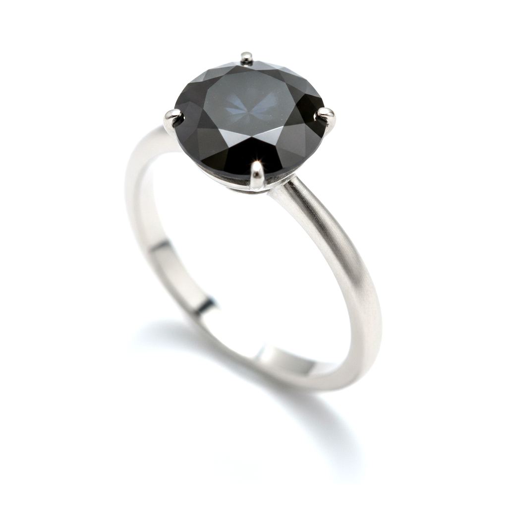 10 Carat Round Black Diamond Solitaire Ring Natural 14K White Gold