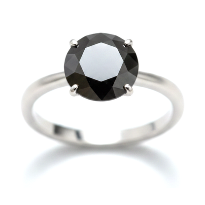10 Carat Round Black Diamond Solitaire Ring Natural 14K White Gold