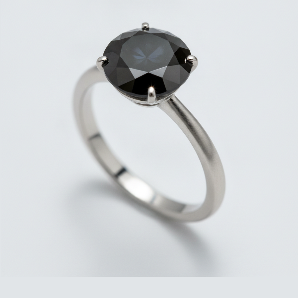 10 Carat Round Black Diamond Solitaire Ring Natural 14K White Gold