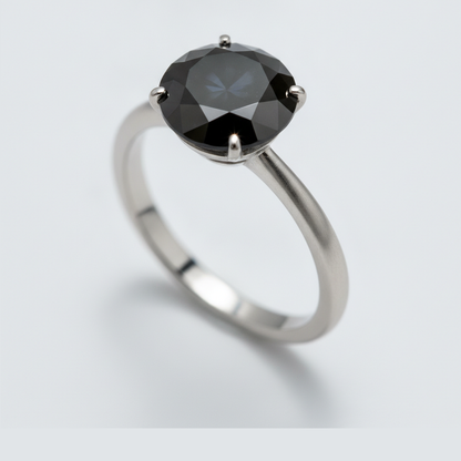 10 Carat Round Black Diamond Solitaire Ring Natural 14K White Gold
