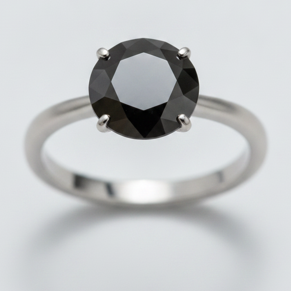 10 Carat Round Black Diamond Solitaire Ring Natural 14K White Gold