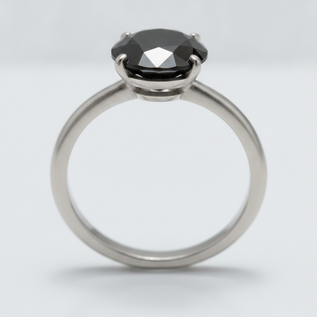 10 Carat Round Black Diamond Solitaire Ring Natural 14K White Gold